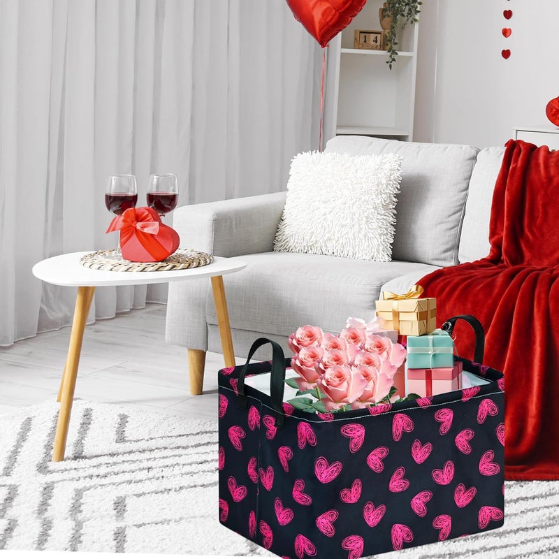 FUULOXE Rectangular Valentines Basket Storage Bin for Shelves Girls Gifts Baskets Foldable Box with Handles for Home Office Car Dormroom Valentine's Day Party Supplies - Image 2